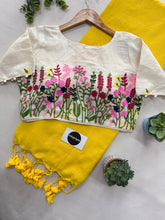 Yellow Khadi Cotton Saree With Chain Embrodery Work Stitched Blouse